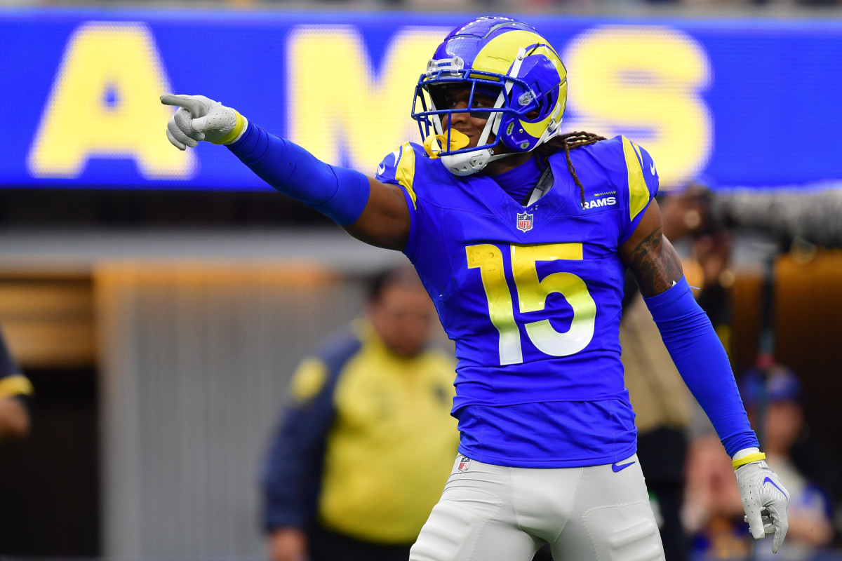 Dec 17, 2023; Inglewood, California, USA; Los Angeles Rams wide receiver Demarcus Robinson (15) reacts after running the ball for first down against the Washington Commanders during the first half at SoFi Stadium.